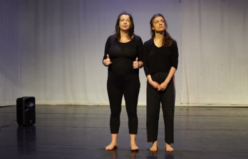 Photo du spectacle "Abécédaire" de Héloïse Desfardes avec les danseuses Thumette Léon et Perrine Gontié.